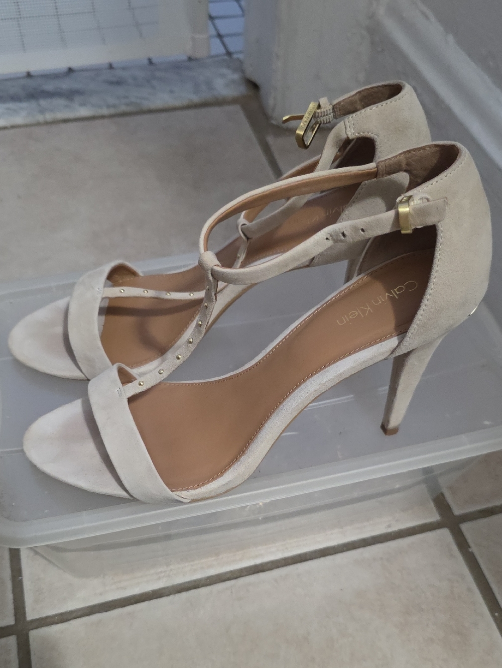 Calvin Klein Light Beige Suede T-Strap Stiletto Heels